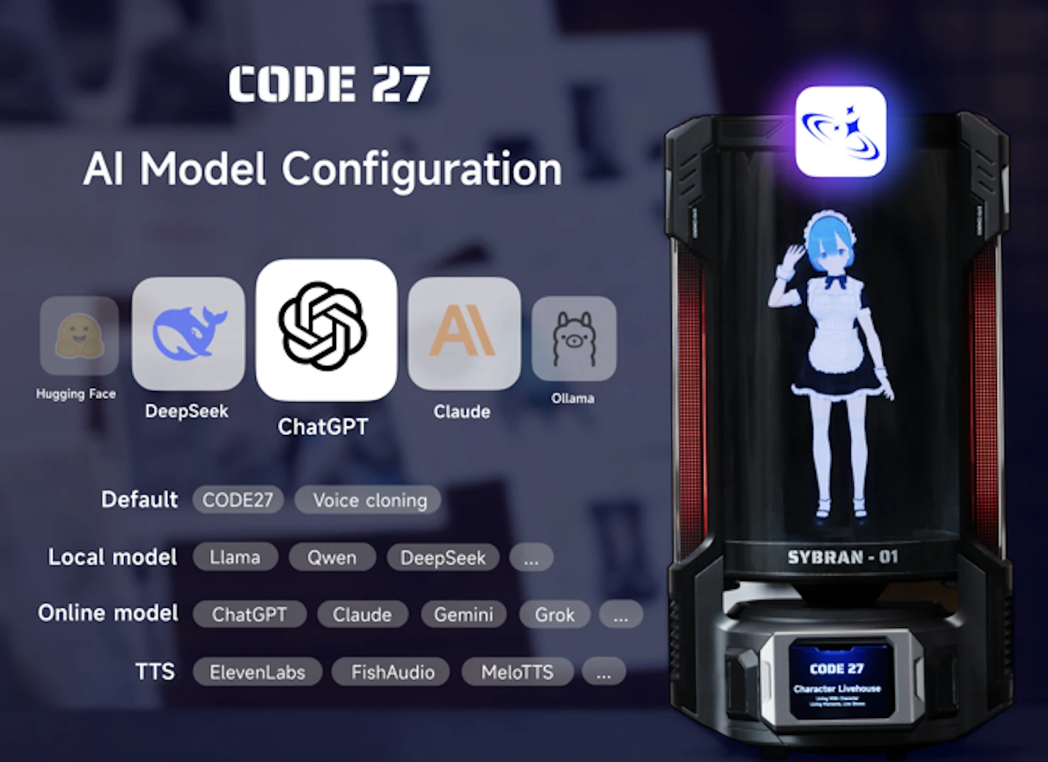 CODE27はデスク置き対応のAIキャラクターデバイスで、IPS液晶に3Dモデルを表示しVRM/PMX等の多形式に対応、税込82,800円でMakuake先行販売中