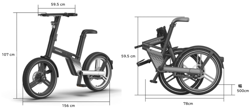 電動アシスト自転車の正面図と側面図で、寸法が記載されている。