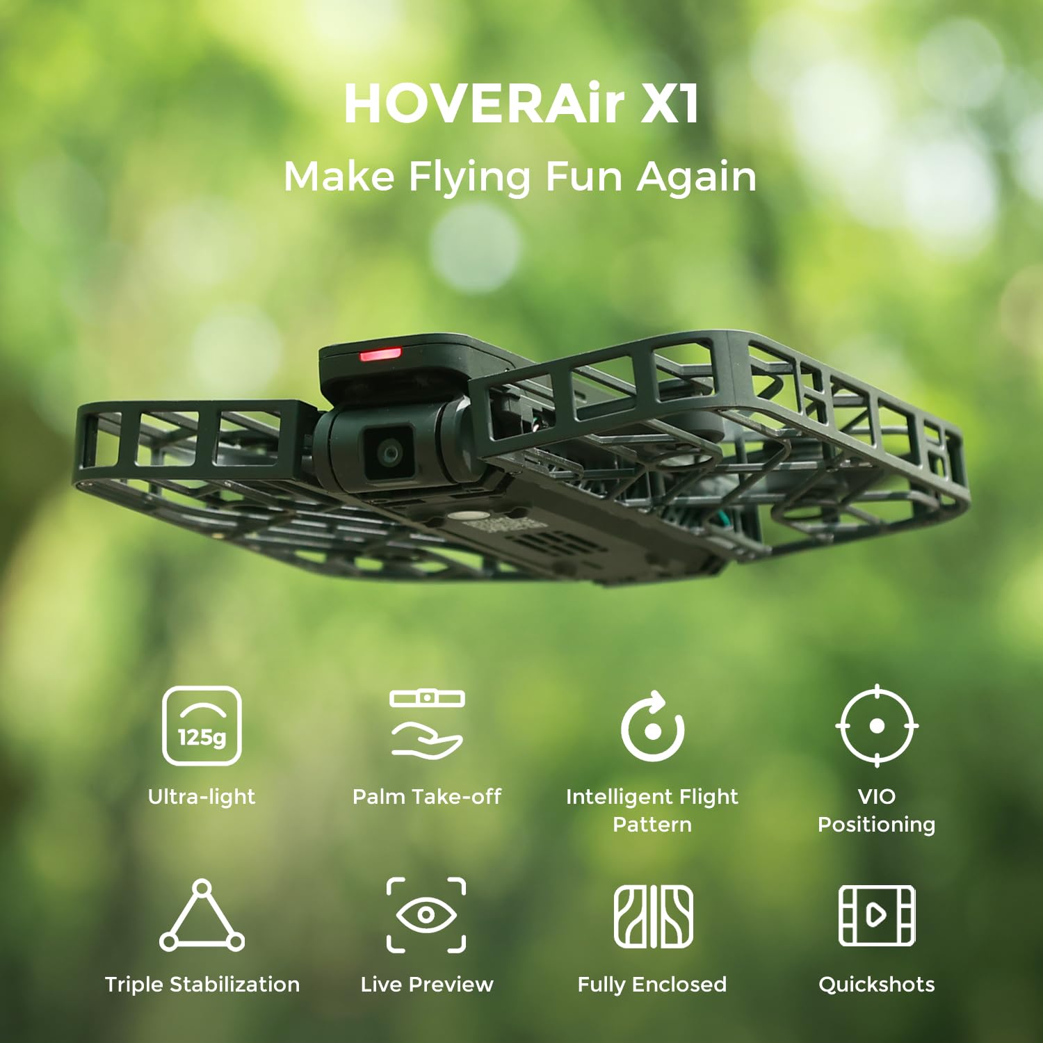 HOVERAir X1という小型ドローンの製品紹介画像。主な機能が8つのアイコンで表示されている。