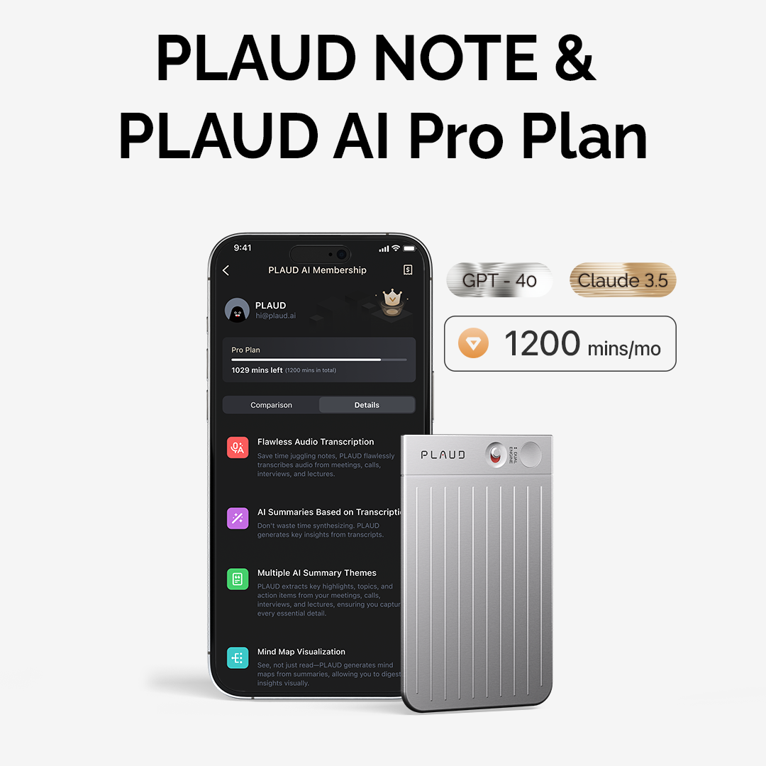 PLAUD Note&AI Pro Planのスマートフォンアプリ画面と、GPT-4oとClaude 3.5に対応した1200分/月のAI機能を紹介する画像。