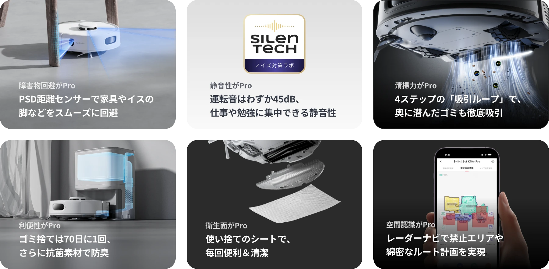 SwitchBot K10+の機能一覧。障害物回避、静音性、吸引力、利便性、衛生面、空間認識の6つの特徴
