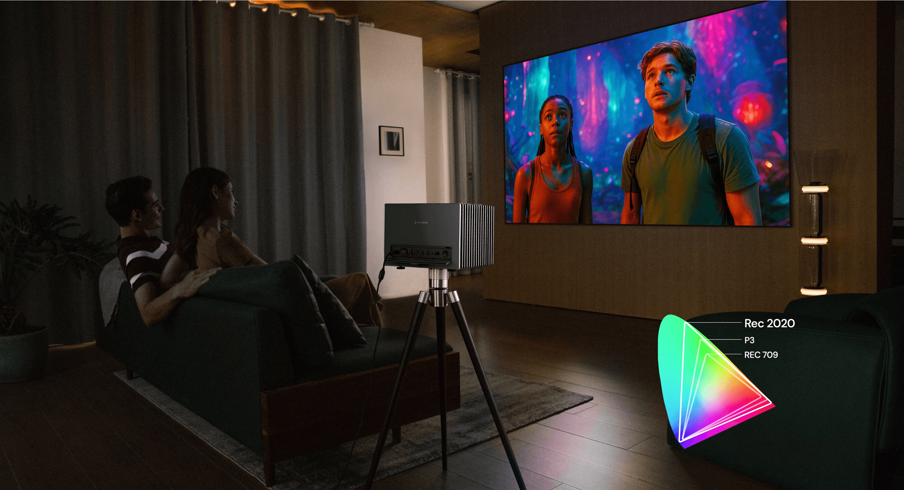 プロジェクターで映画を鑑賞するカップルと、色域表示されたプロジェクターの性能指標。
